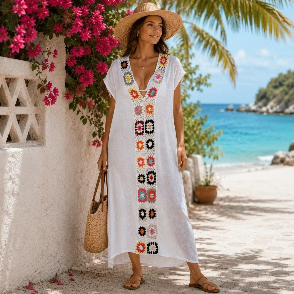 Women Crochet Granny Square Maxi Swim Cover Up Caftan White Boho V-Neck M/L